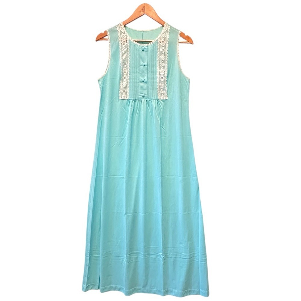 Vintage Gossard Artemis Aqua Blue Lace Pintuck Maxi Nightgown 5244 Small USA - Picture 2 of 11